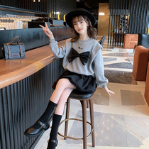 GIRL FOREIGN AIR SUIT DRESS AUTUMN STYLE 2022 NEW CHILDREN AUTUMN CLOTHING SUIT LITTLE GIRL FASHION BUTTERFLY KNOT TWO SETS