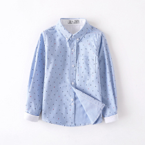 Boy Long Sleeve Cotton Blue Shirt Small Children Korean Print Shirt Full Cotton Spring and Autumn 2021 New