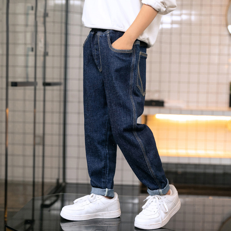 Boys plus fleece pants autumn and winter one piece thickened denim trousers medium and large children's warm dark blue cotton trousers 6221