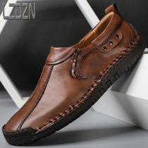 Men Casual Leather Shoes No Shoelaces Handmade Soft Bottom Bean Bean Middle-aged Business Boat Shoes Sloth People Driving Dad Shoes