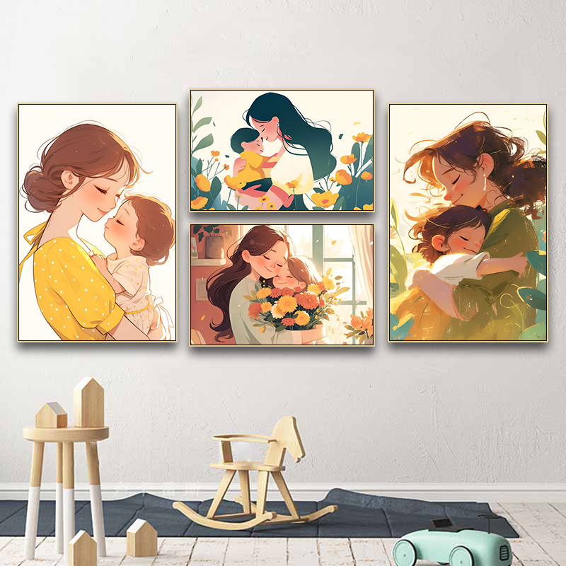 Cartoon Anime Style Mother and Baby Wall Hanging Painting, Baby Room, Mother Holding Child Decorative Painting, Postpartum Center Bedroom Cozy Mural