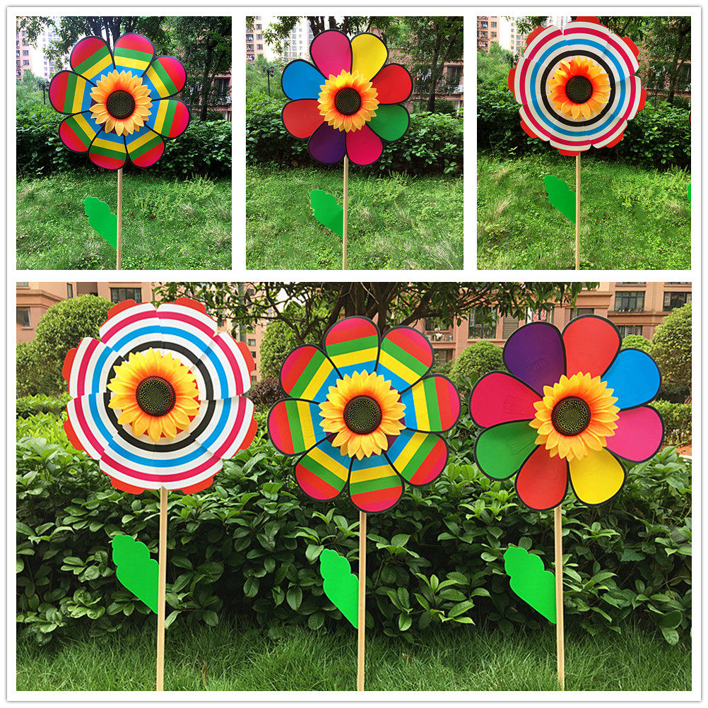 Sunflower Windmill Outdoor Sunflower Swivel Decoration Waterproof Inserts Nursery School Large Wooden Pole Windmill Toy