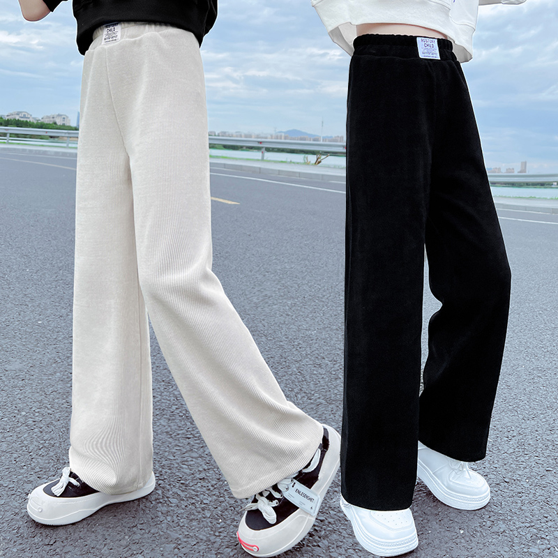 Girl Pants Autumn Winter Style Plus Suede Thickened Winter Clothing 2023 New Broadleg Straight Drum Pants Casual Girl Great Boy Fall-Taobao