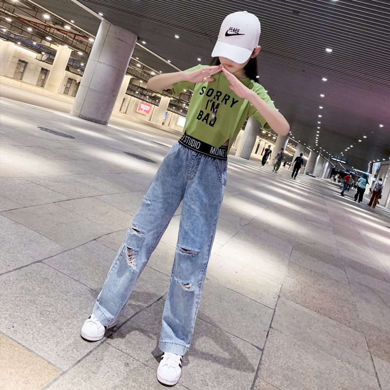 Girls ' pants Summer thin soft jeans Wide leg pants Big children's straight pants Pants Hyuna wind high waist loose tide