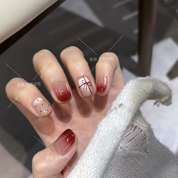 High-quality new year's burgundy short gradient hand-painted polka dot gift knot purely handmade wearable manicure