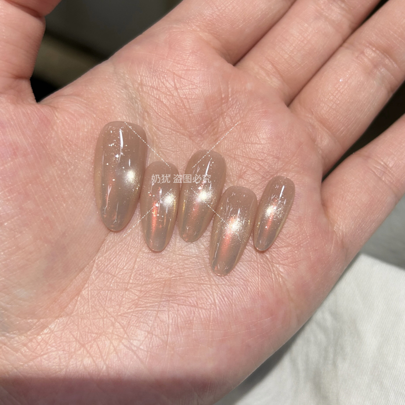 【Moonlight White Peach】Sunset Aurora Glass Bead Cat Eye Handmade Wearable Nails Nude Gradient Manicure with Atmosphere