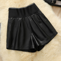 2021 autumn and winter new leather pants elastic waist sheepskin shorts womens high waist slim wide legs A leather boots pants