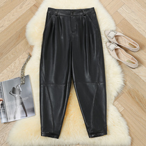 2021 New Haining leather pants womens trousers autumn and winter sheepskin Haren pants loose slim nine feet pants