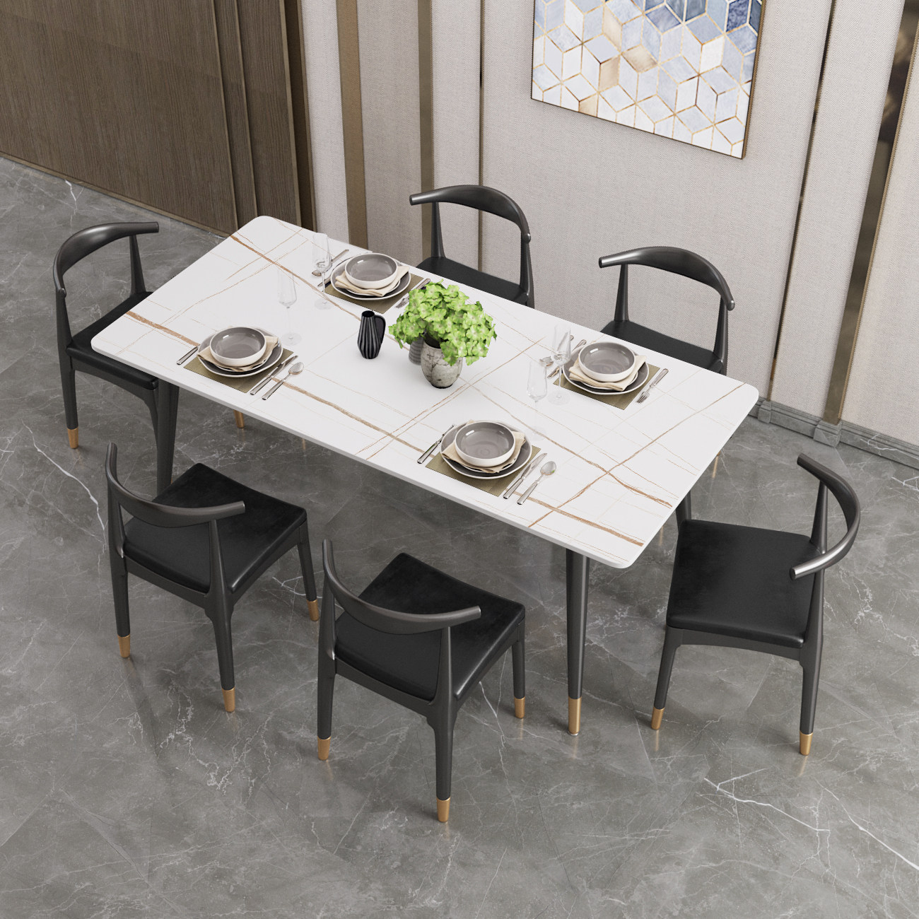 Italian Plank Dining Table Modern Light Luxury Small Household Nordic Marble Dining Table and Chair Combination Rectangular Minimalist