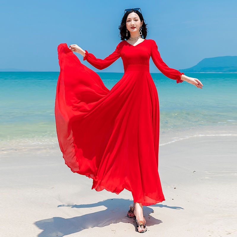 Double-Layered Long Dance Dress, Mid-Length Chiffon Dress, Women's Long-Sleeved Beach Dress, Waist-Cinching Slimming Plus-Size Dress