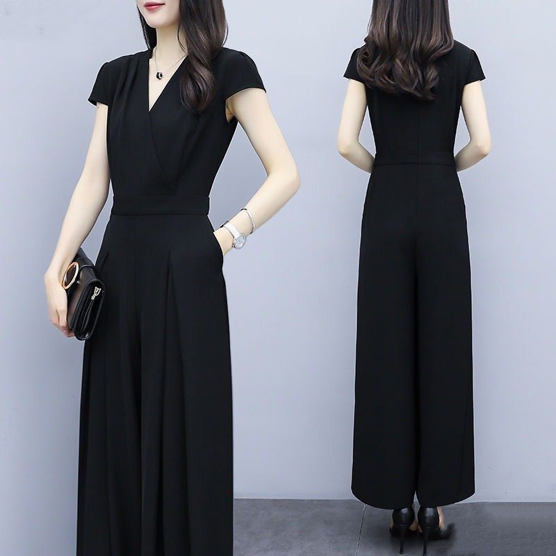 Fashionable Slimming Women's Clothing 2024 New Trendy Waist-Cinching Elegant Wide-Leg Pants Suit for Women Summer Plus Size Comfortable Jumpsuit