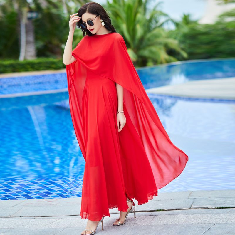 Two-Piece Set: Cape Chiffon Dress, New Summer Style, Plus Size, Sun Protection Beach Dress, Long Skirt with Large Hem, Fairy-Like 2024 Trendy