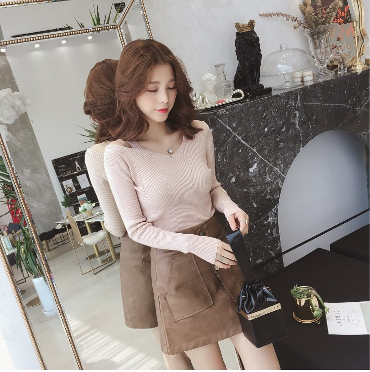 Mùa thu 2018 phiên bản Hàn Quốc mới của áo len quây cổ chữ V dài tay màu đen áo khoác len