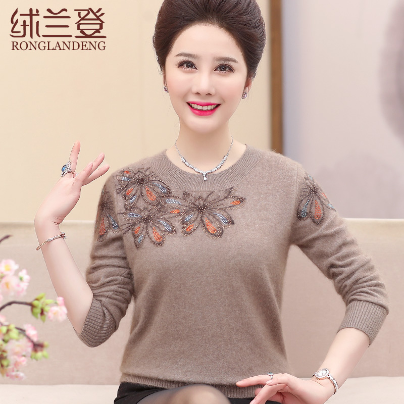 Middle-aged and elderly women's round neck sweater spring autumn winter loose mother's sweater knitted bottoming shirt plus size 50 years old