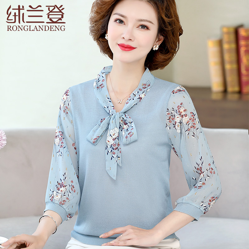 Middle Aged Woman Spring Autumn Clothing New Snow Spinning Needle Weaselnitwear Middle-aged Mom Summer Clothing Half Sleeve T Blood Shirt Large Size Blouse