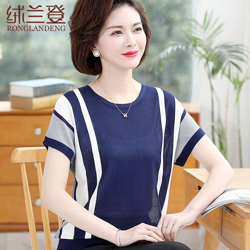 Middle-aged female mother summer dress ice hemp silk knitted short-sleeved t-shirt middle-aged and elderly women summer bat sleeve top casual