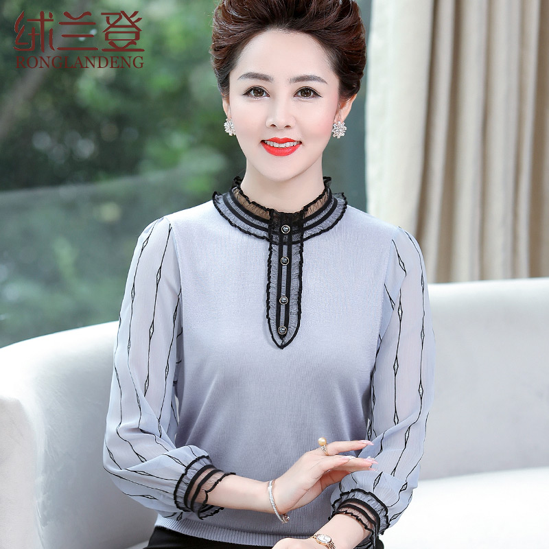 Mom autumn new sweater middle-aged woman lace yarn sleeve base shirt long-sleeved T-shirt spring and autumn top