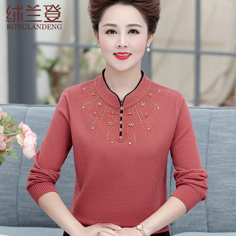 Middle-aged and elderly women sweater noble 40-50 years old mother autumn and winter dress semi-high-necked long-sleeved knitted bottom top size