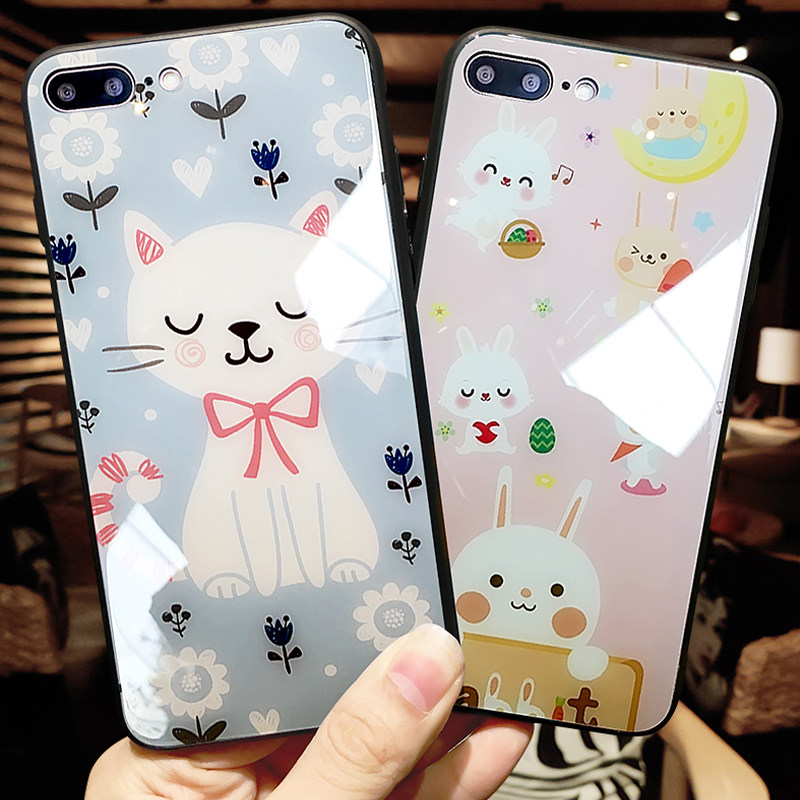 DZ Apple 8plus mobile phone protection shell female section iphone7plus protective sleeve 7p cartoon glass anti-fall 8 personality wave card Apple 7plus mobile phone protective sleeve se2 kitty