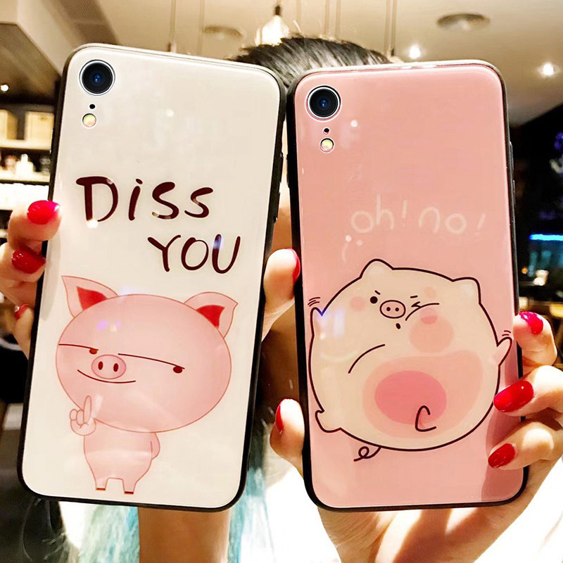 DZ piggy iphone xr phone protective shell apple xr anti-fall lady cartoon cute glass apple xr little fresh all-bag silicone gel soft edge iphonex r new personality wave