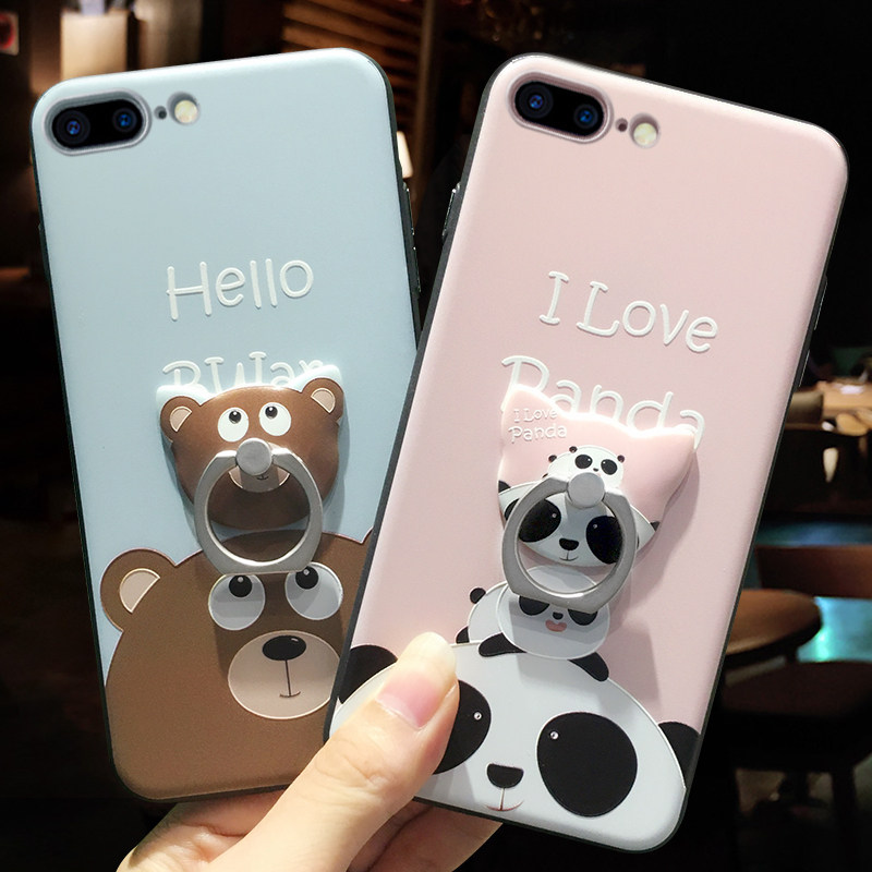 Apple 8plus mobile phone protective shell lady silicone iphone7 anti-fall relief cartoon panda bracket 7p mobile phone protection shell 8 frosted soft edge hard shell 7plus with ring buckle 8 small bear situation