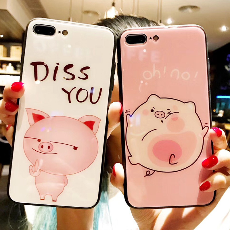 DZ Year of the Pig 8plus Apple 7plus Glass Mobile Phone Protective Shell iphone8 Soft Edge se Personality Creative 6s Women's Tide Brand 7p Cartoon Cute Couple 6plus Protective Cover