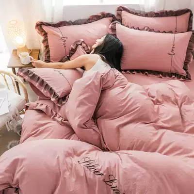 Washed cotton four-piece bedding Princess style pink bed sheet quilt cover bed sheet girl heart three-piece net red model