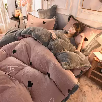Lamb cashmere bed four-piece coral linen quilt cover three-piece milk flannel winter plus velvet double-sided Velvet