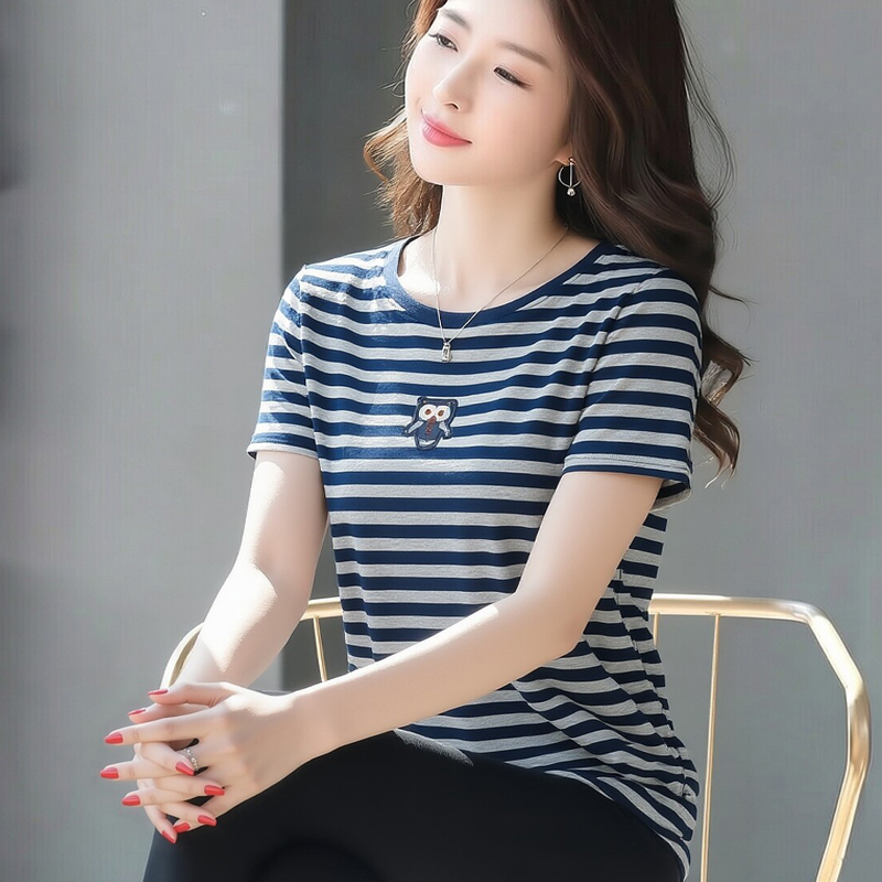 Striped Straight-Shoulder Short-Sleeve T-Shirt for Women, New Summer Design with Embroidery, Loose Fit, Plus-Size Stylish Youthful Top Striped Straight-Shoulder Short-Sleeve T-Shirt for Women, New Summer Design with Embroidery, Loose Fit, Plus-Size Stylish Youthful Top