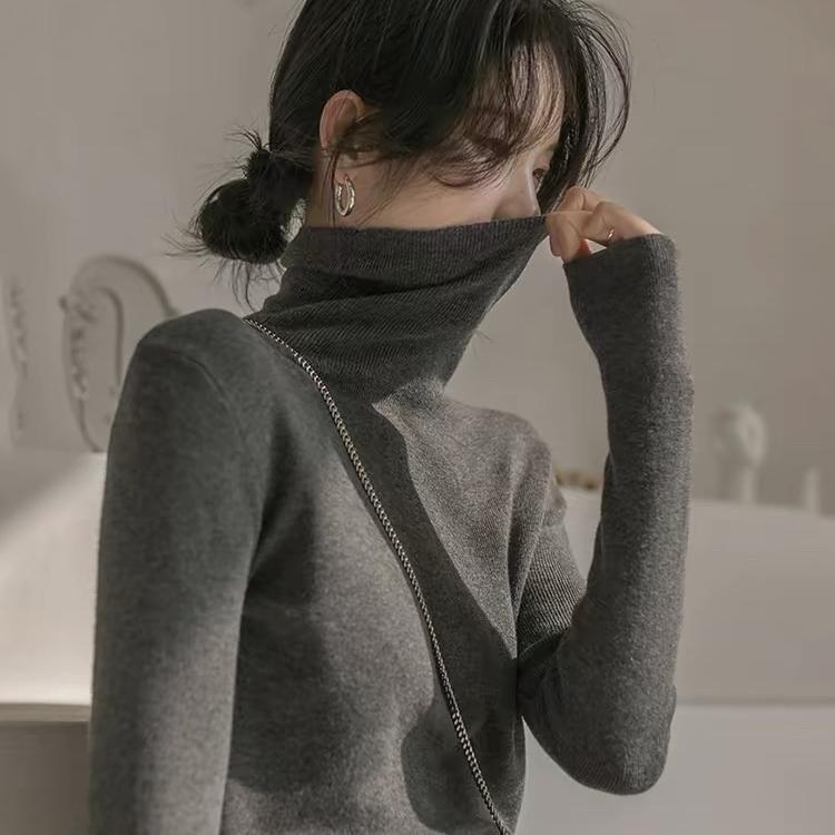 Gray Turtleneck Seamless Cashmere Sweater for Women, Autumn and Winter Inner Layer, Slim Fit, Stacked Collar Knit Base Shirt, Women's Top