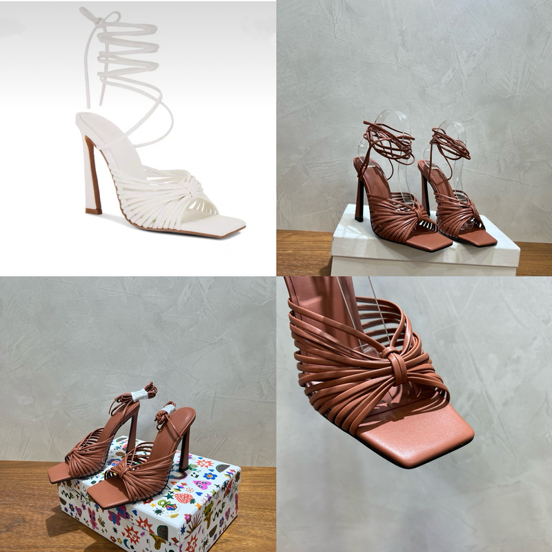 【Mu You Shoes】Niche Design R~ Brown Square-Toe Open-Toe Thin Strap Stiletto Heel Wrap-Around Women's Sandals