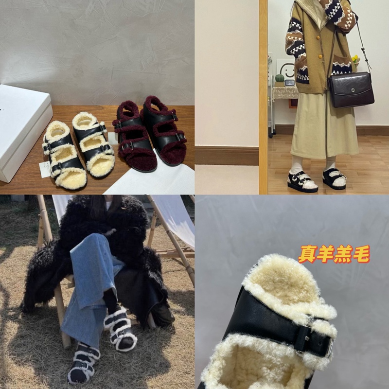 [No Shoes Available] Sheepskin Wool Fu~ Lamb Wool Flat Sandals with Buckle Cowhide Birkenstock-Style Slippers for Women