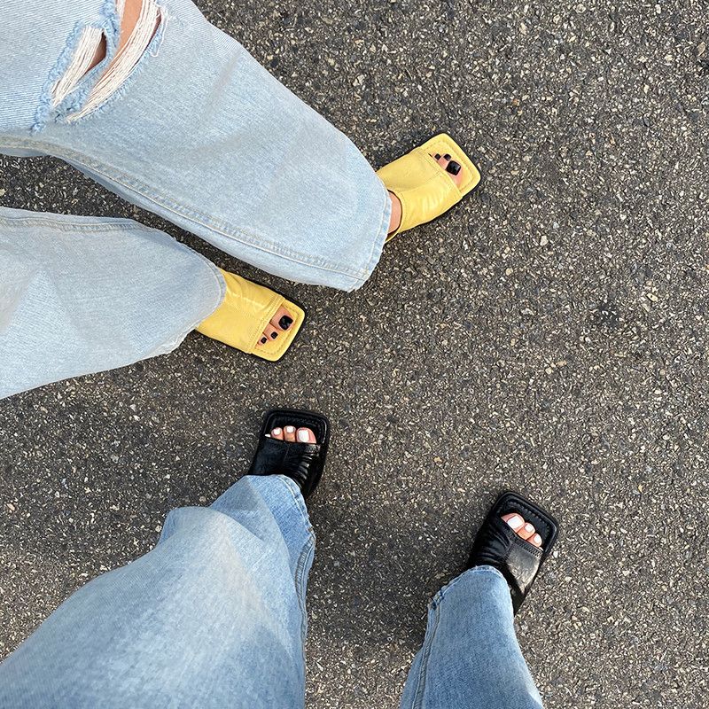 South Korea Dongdaemun 2023 Spring/Summer New Square-Toe Square-Heel Simple Retro Sandals Women's Casual Slippers