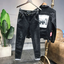 Black brushed jeans thin velvet mens small pants slim warm plus velvet thickened boys Korean version of the trend summer