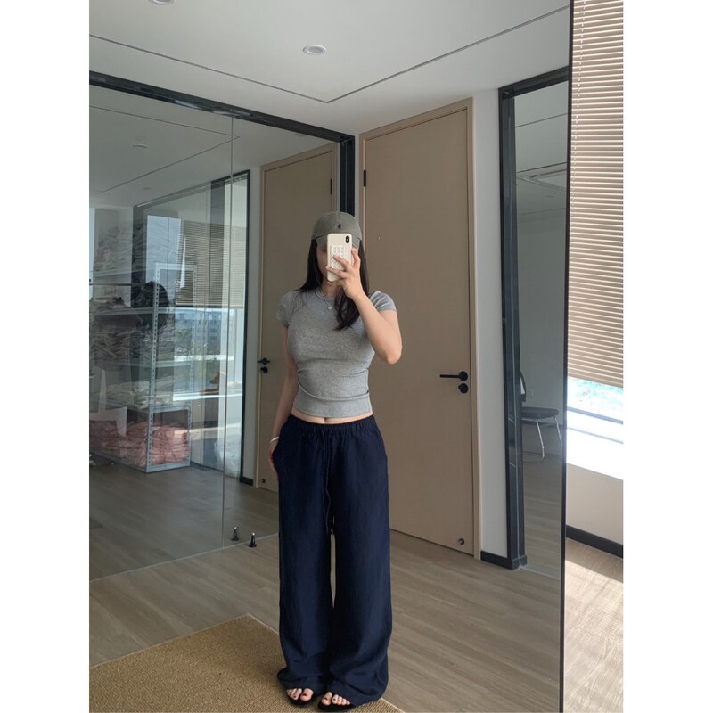 Withtong Low-Waisted Retro Tencel Straight-Leg Linen Pants ~ Elastic Waist Withtong Low-Waisted Retro Tencel Straight-Leg Linen Pants ~ Elastic Waist
