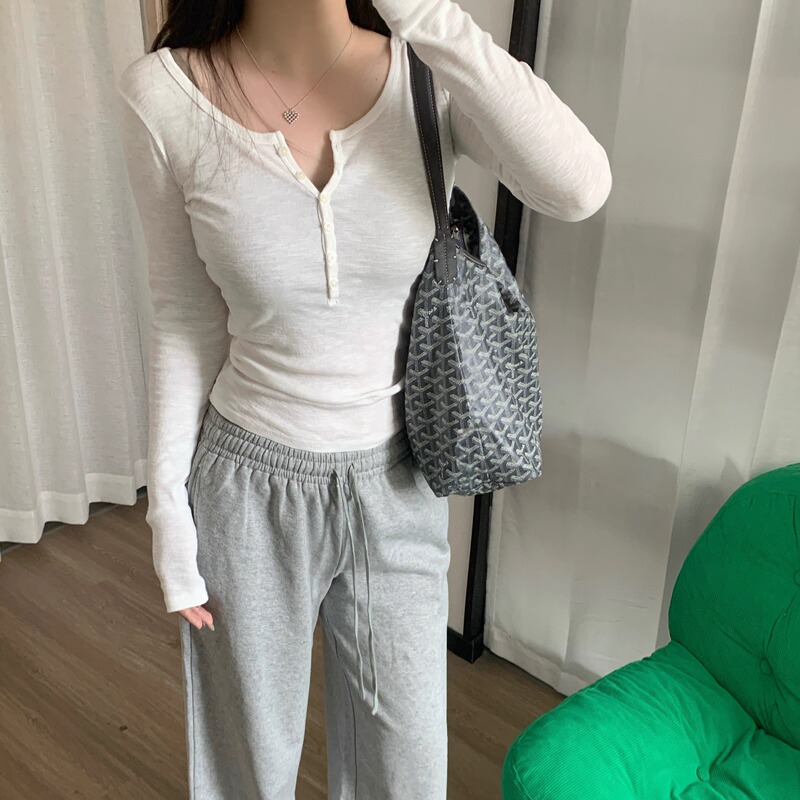 Withtong Long-Sleeved Round-Neck Regular Shoulder Bm Henley Shirt Slimming Versatile Top