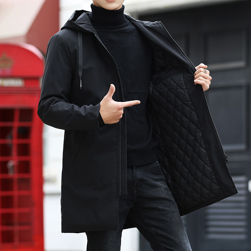 Men's Mid-Length Hooded Windbreaker, Fashionable Casual Solid Color Plus-Size Jacket, Men's 2025 Spring and Autumn New Cotton-Padded Coat
