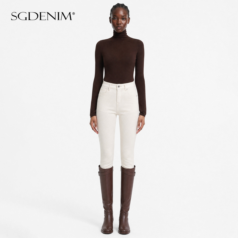 High-Waisted Slim-Fit Skinny Jeans for Women, Fleece-Lined, White, Cropped Pencil Pants, Bootcut Pants, Tummy Control, Four-Way Stretch, Autumn/Winter 26