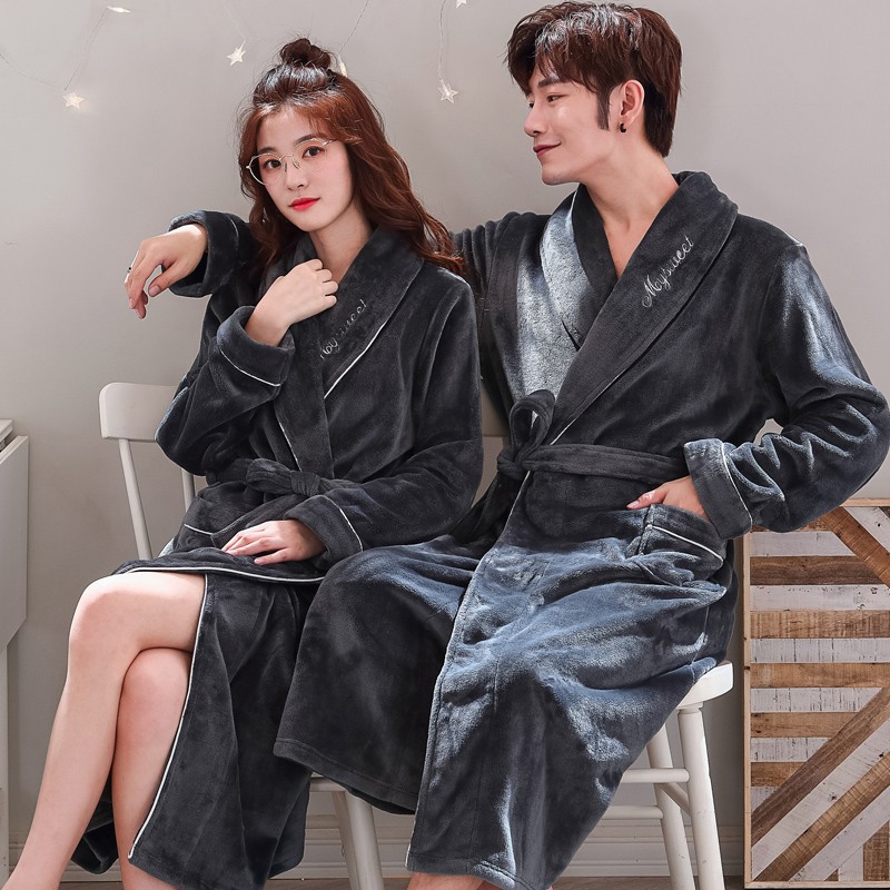 Coral fleece couple nightgown pajamas women's autumn and winter models plus velvet thickened flannel men's loose large size home service