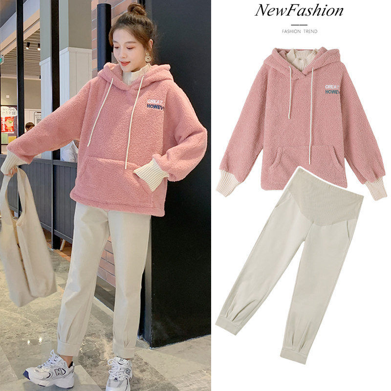 Maternity Fall/Winter Set Fashion 2021 New Warm plus fleece Loose Sweatshirt Thick Pants Winter Two-Piece Set