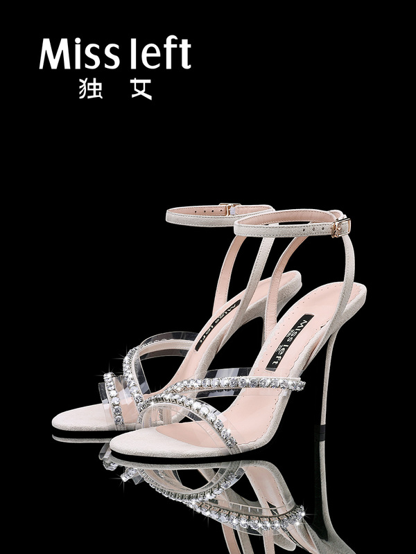 2026 Summer New Style Off-White 10cm Sheepskin Transparent Film Zircon Open-Toe Single Strap Stiletto High Heel Sandals for Women