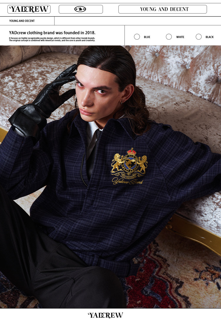 YADcrew Lion Emblem Plaid Belted Jacket