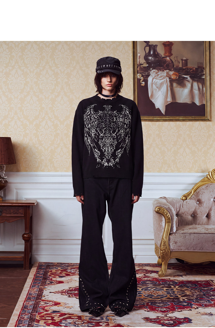 YADcrew Winged Skull Distressed Crewneck Top