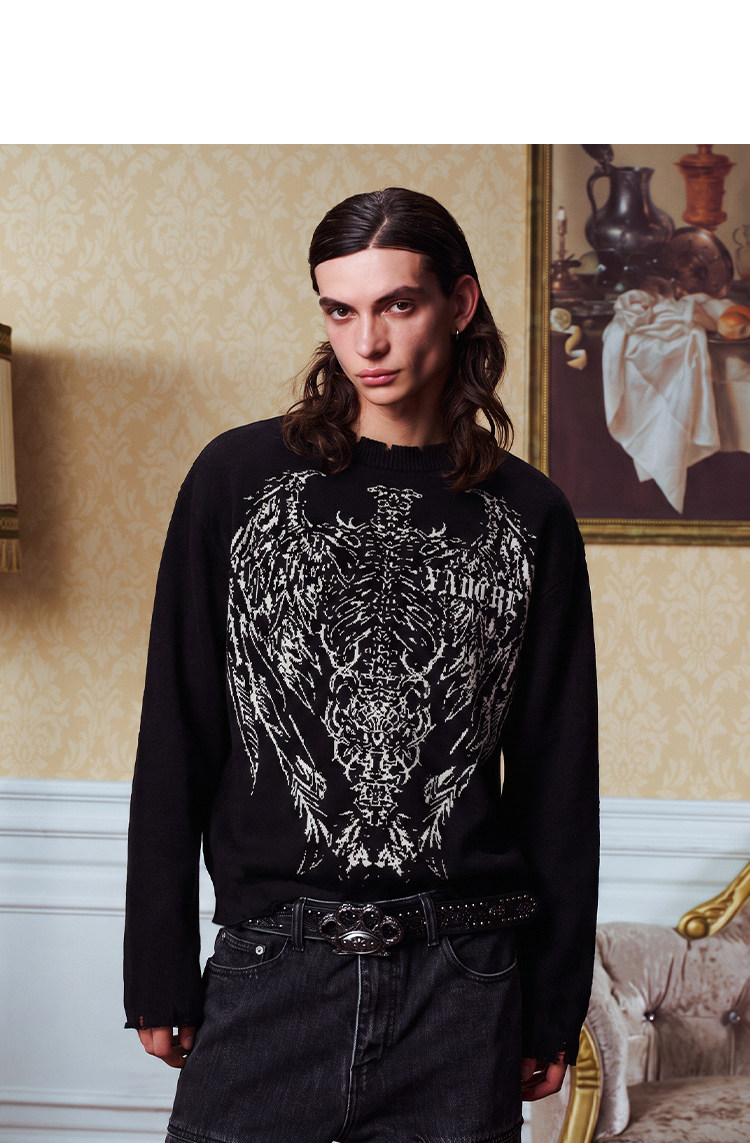 YADcrew Winged Skull Distressed Crewneck Top