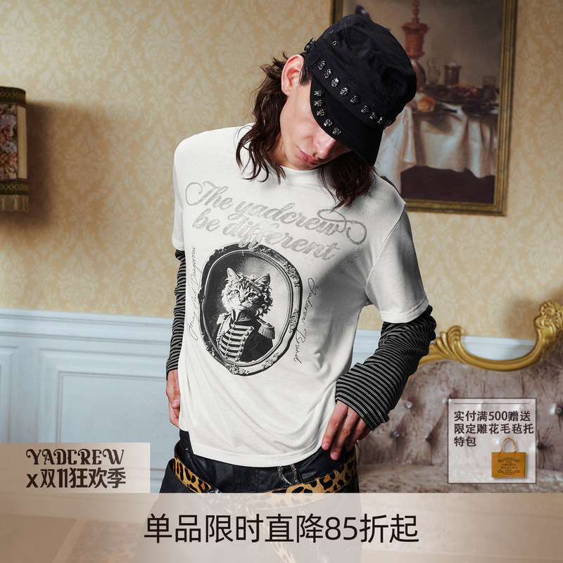 [Same Style as Ao Ruipeng] Yadcrew Napoleon Selkirk Striped Faux Two-Piece Cat Print Long-Sleeve Shirt
