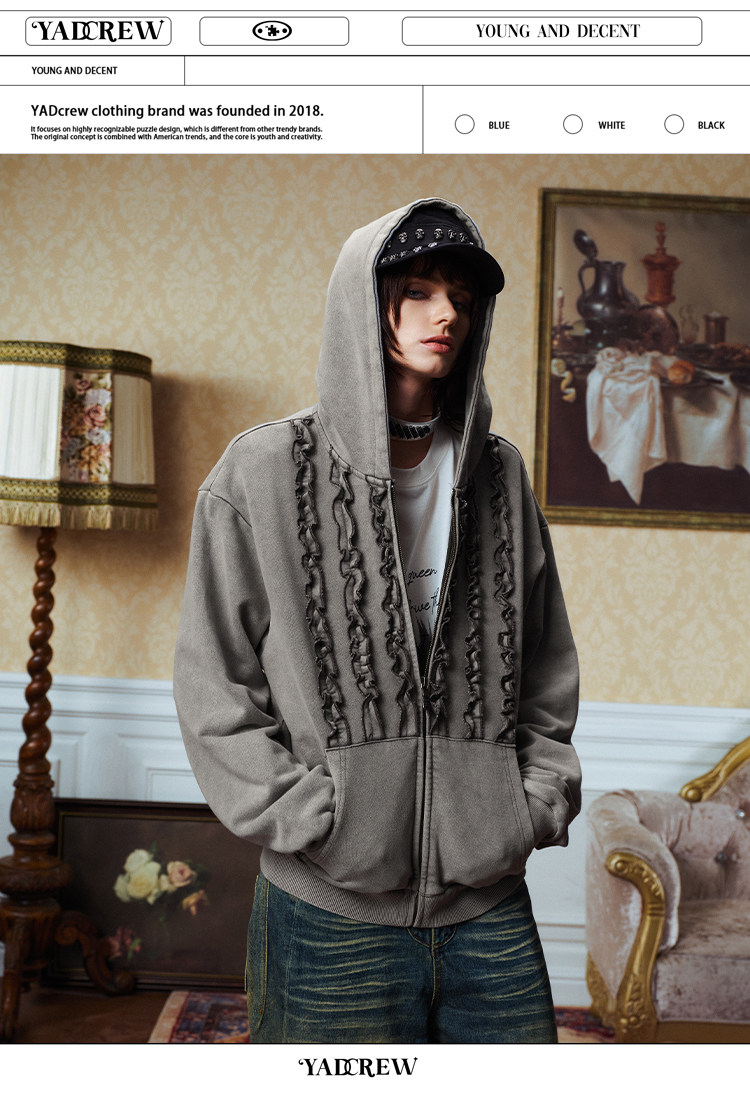 YADcrew Washed Grey Ruffle Zip-Up Hoodie