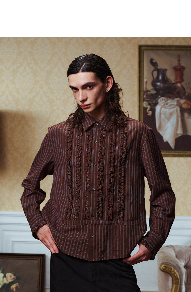 YADcrew Striped Ruffle Court-Style Shirt