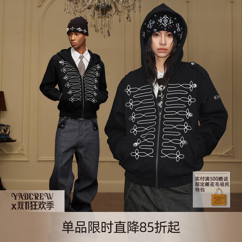 【Wang Shuoran's Style】Rope Embroidery Palace-Style Zipper Autumn Hooded Sweatshirt with Rope Tie Epaulet Jacket for Men and Women