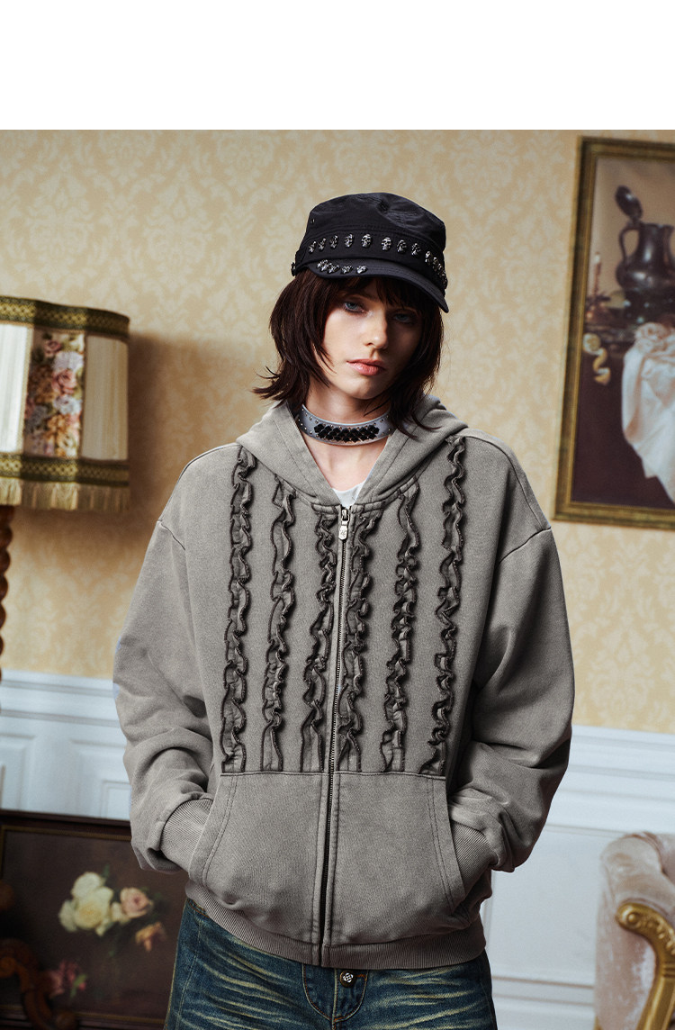 YADcrew Washed Grey Ruffle Zip-Up Hoodie