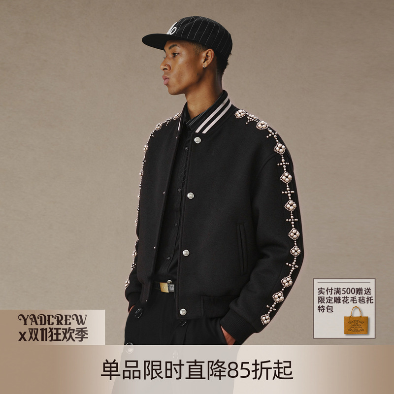 Yadcrew Autumn and Winter Quilted Jacket Retro Cross-Stitch Pearl Baseball Jacket Windproof Warm Woolen Jacket Coat Yadcrew Autumn and Winter Quilted Jacket Retro Cross-Stitch Pearl Baseball Jacket Windproof Warm Woolen Jacket Coat